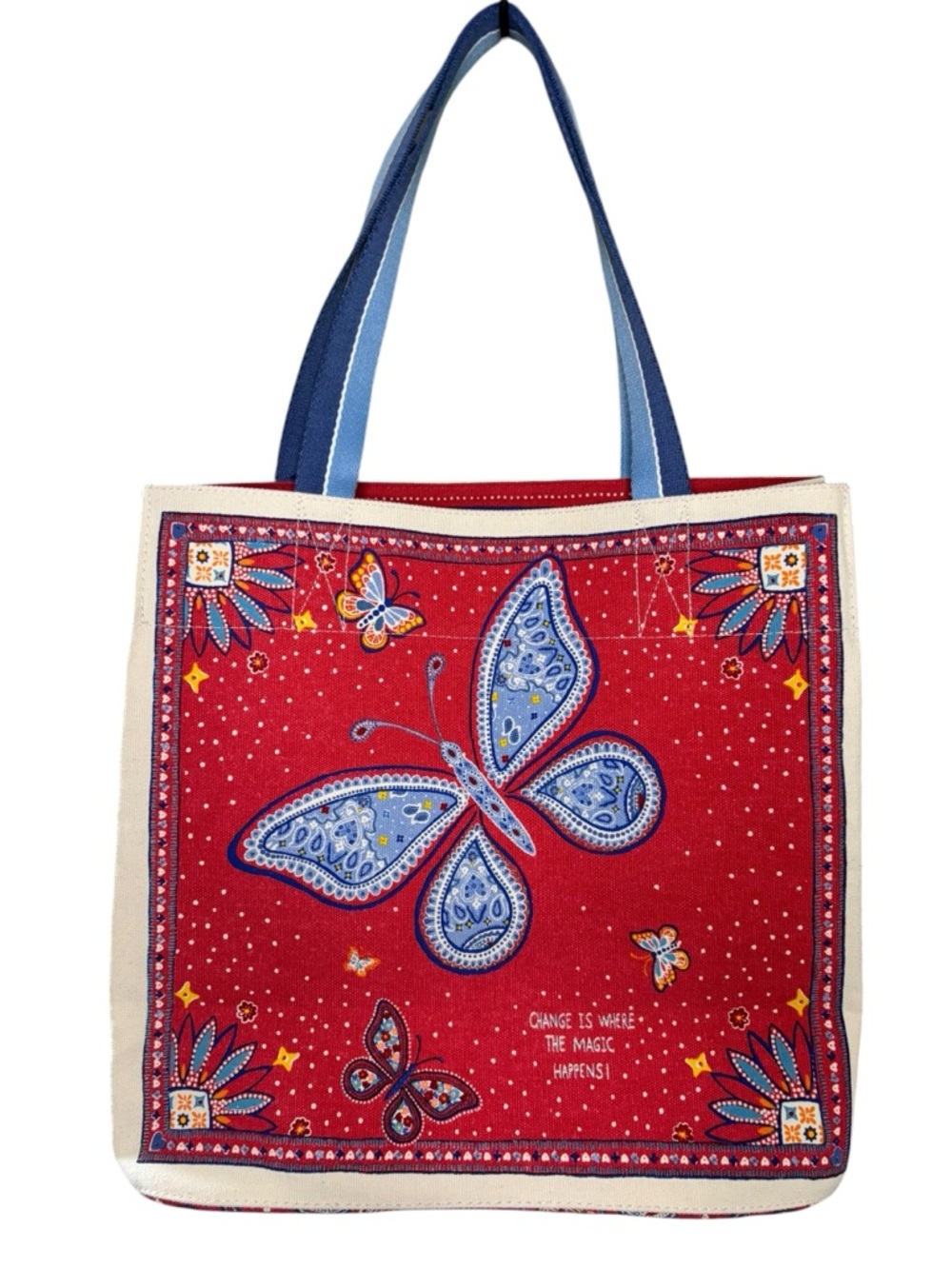 Brighton “Brighton Love Butterfly” Canvas Tote Bag Red Blue Bandana Print Large - Picture 3 of 9